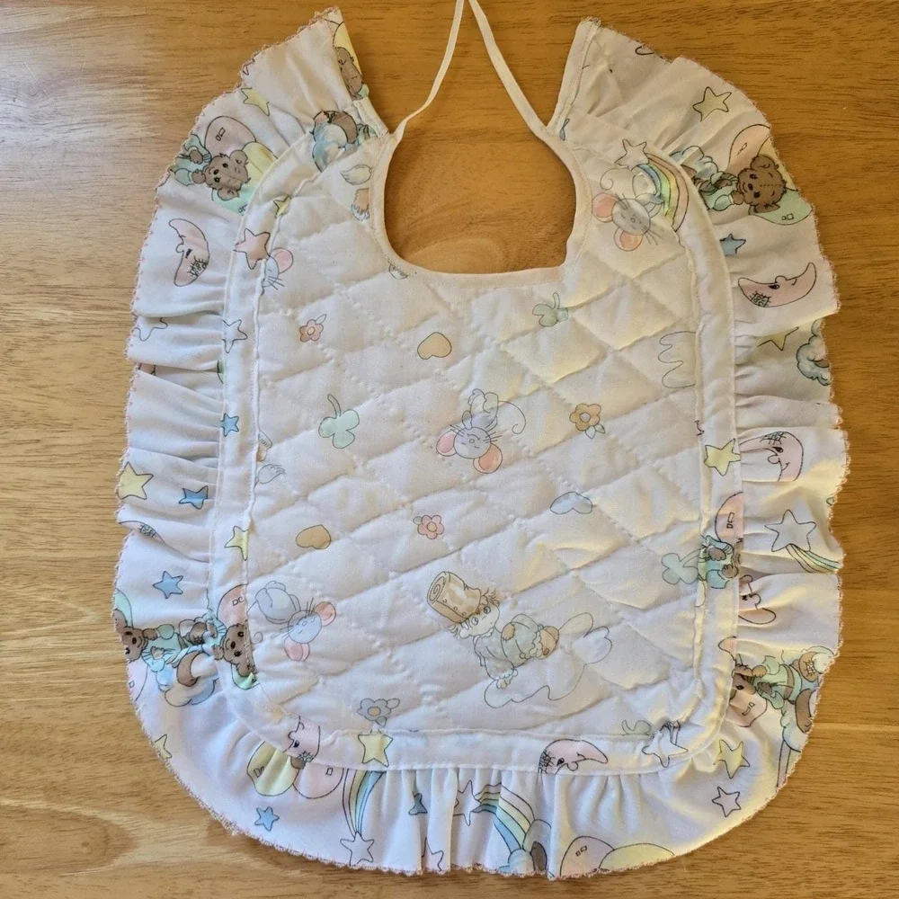 Baby Bib Bear Quilted Cotton, Ruffled Edge, Precious Moments Fabric Vintage NWOT
